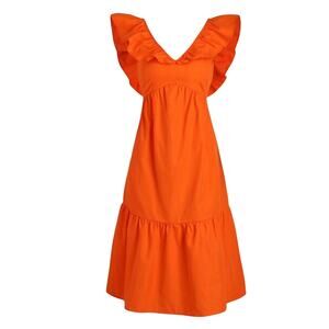 NEW Boho Ruffled Sleeveless Open Tie Back Midi V Neck Tiered Dress M Orange